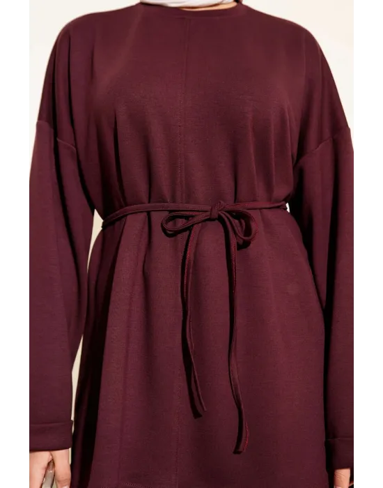 Bisiklet Yaka İp Kuşaklı Tunik Bordo