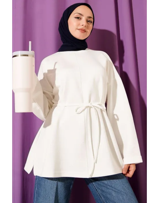 Bisiklet Yaka İp Kuşaklı Tunik Ekru