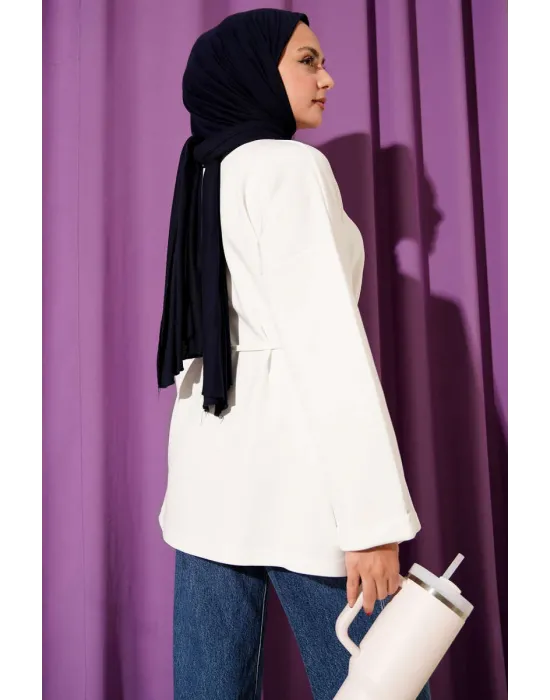 Bisiklet Yaka İp Kuşaklı Tunik Ekru