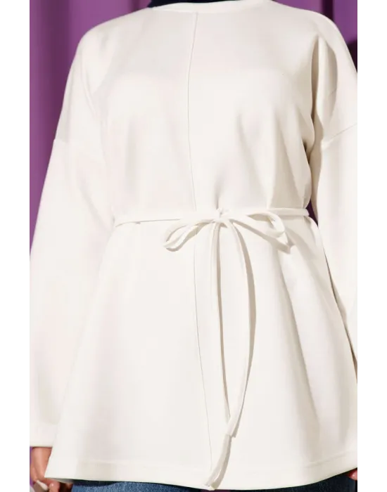 Bisiklet Yaka İp Kuşaklı Tunik Ekru