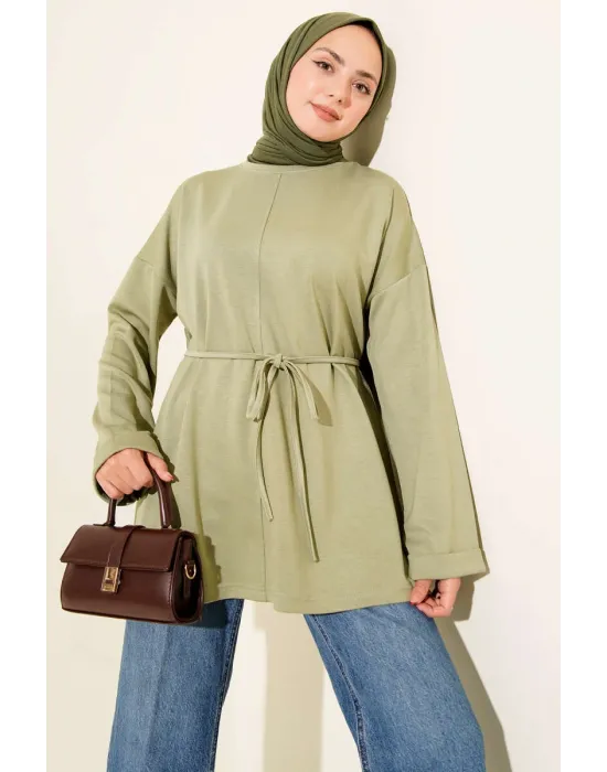 Bisiklet Yaka İp Kuşaklı Tunik Haki