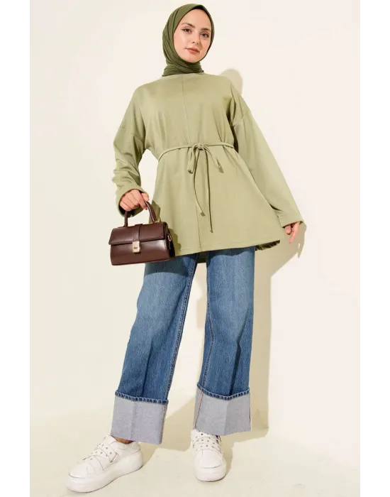 Bisiklet Yaka İp Kuşaklı Tunik Haki