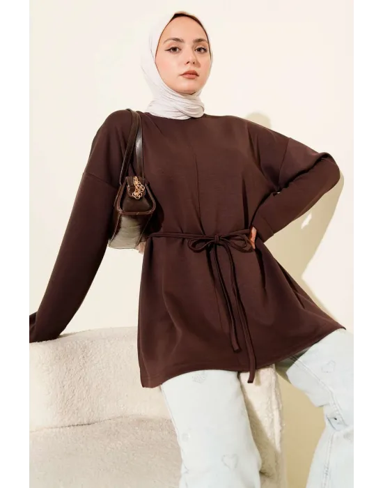 Bisiklet Yaka İp Kuşaklı Tunik Kahve