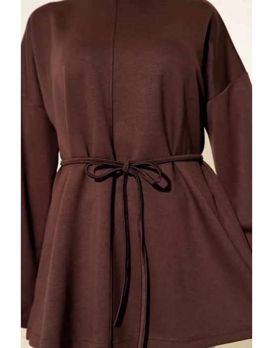 Bisiklet Yaka İp Kuşaklı Tunik Kahve