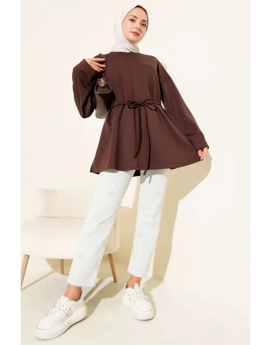 Bisiklet Yaka İp Kuşaklı Tunik Kahve