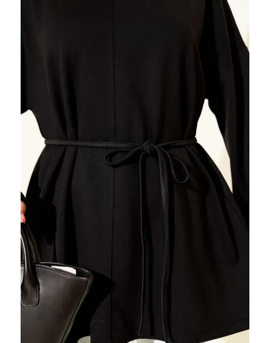 Bisiklet Yaka İp Kuşaklı Tunik Siyah