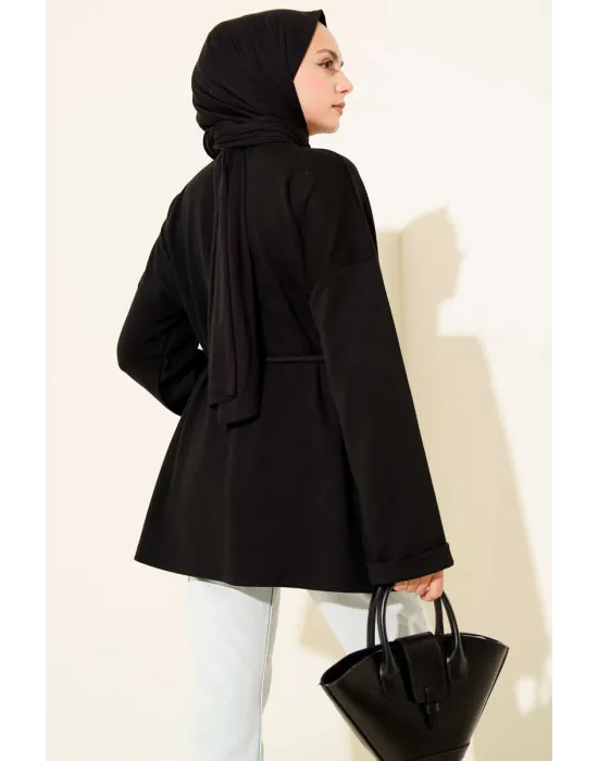 Bisiklet Yaka İp Kuşaklı Tunik Siyah