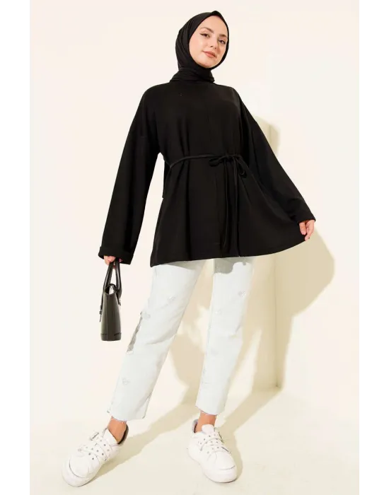Bisiklet Yaka İp Kuşaklı Tunik Siyah