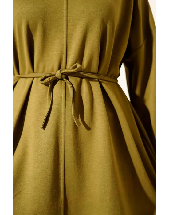 Bisiklet Yaka İp Kuşaklı Tunik Yağ Yeşil