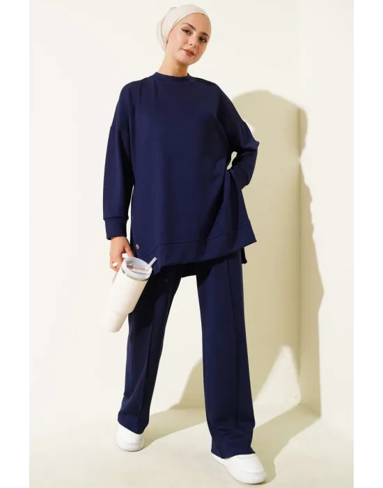 Bisiklet Yaka Yanları Metal Düğmeli İkili Takım Lacivert