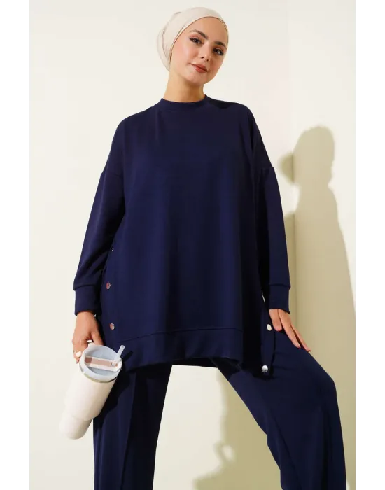 Bisiklet Yaka Yanları Metal Düğmeli İkili Takım Lacivert