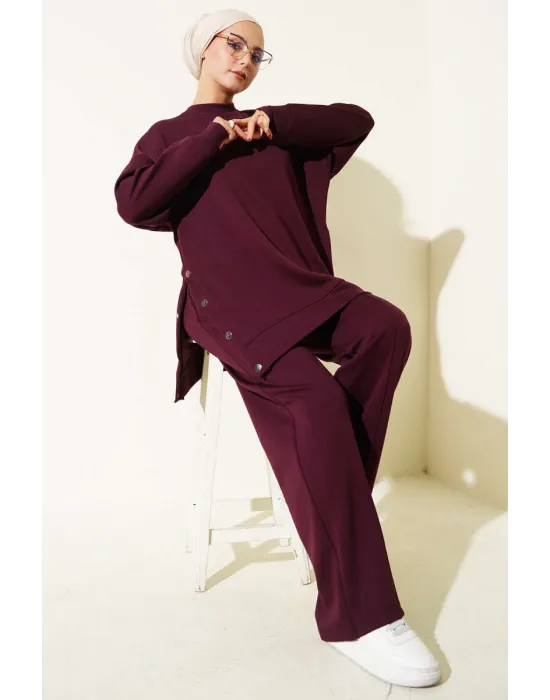 Bisiklet Yaka Yanları Metal Düğmeli İkili Takım Mürdüm