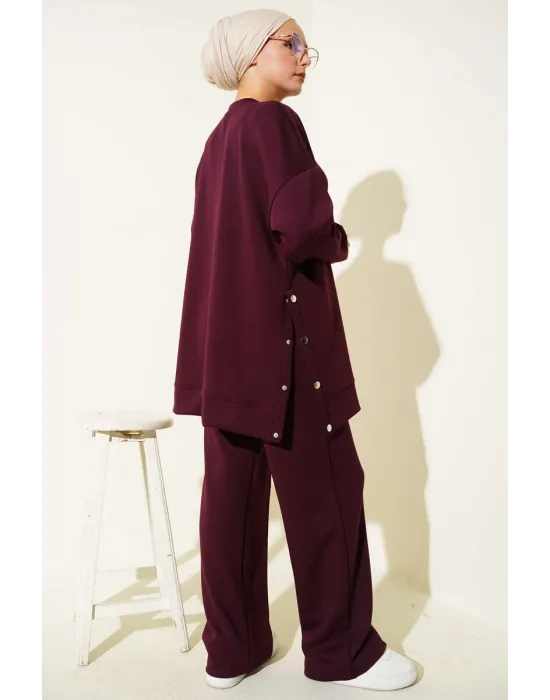 Bisiklet Yaka Yanları Metal Düğmeli İkili Takım Mürdüm