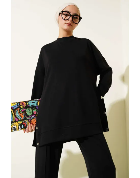 Bisiklet Yaka Yanları Metal Düğmeli İkili Takım Siyah