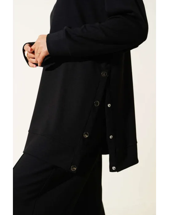 Bisiklet Yaka Yanları Metal Düğmeli İkili Takım Siyah