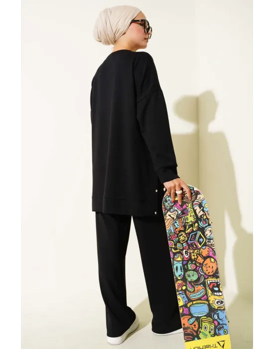 Bisiklet Yaka Yanları Metal Düğmeli İkili Takım Siyah