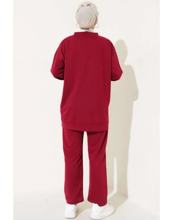 Bordo Arma Detaylı Ribanalı Rahat Kesim İkili Takım