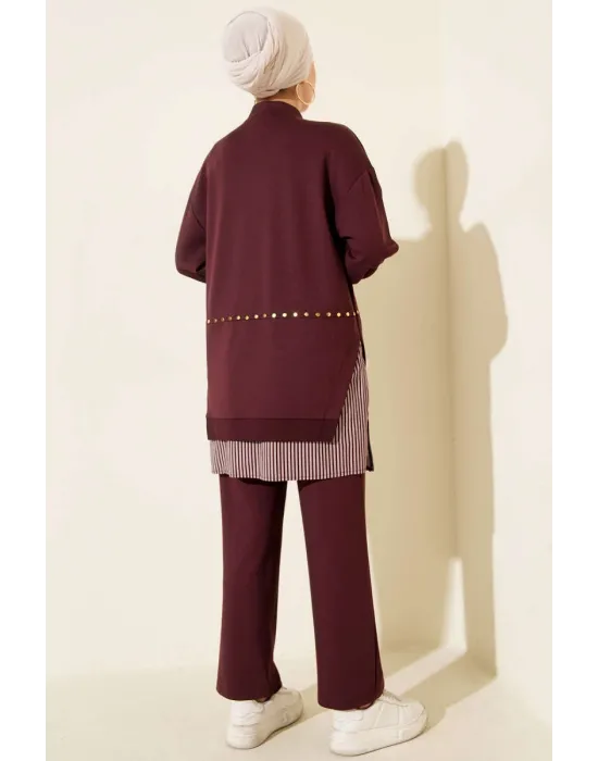 Bordo Premium Çizgili Ofis Şıklığı İkili Takım