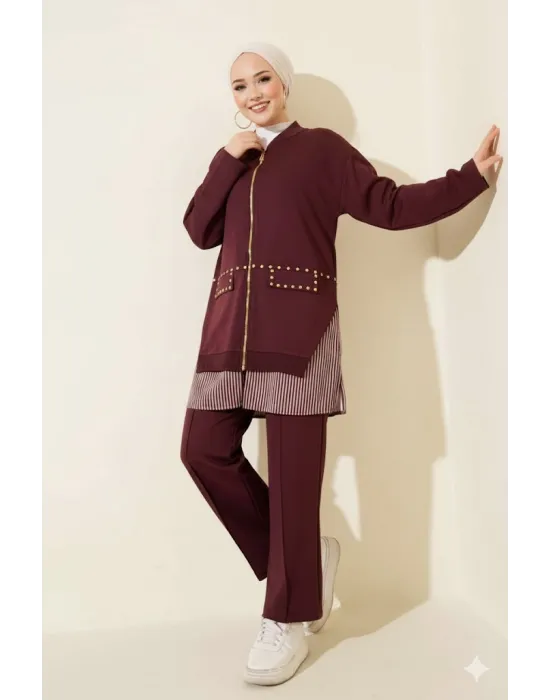 Bordo Premium Çizgili Ofis Şıklığı İkili Takım