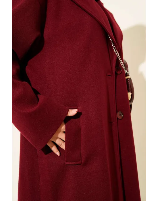 Bordo Premium Kruvaze Yaka Oversize Uzun Kaşe Kaban