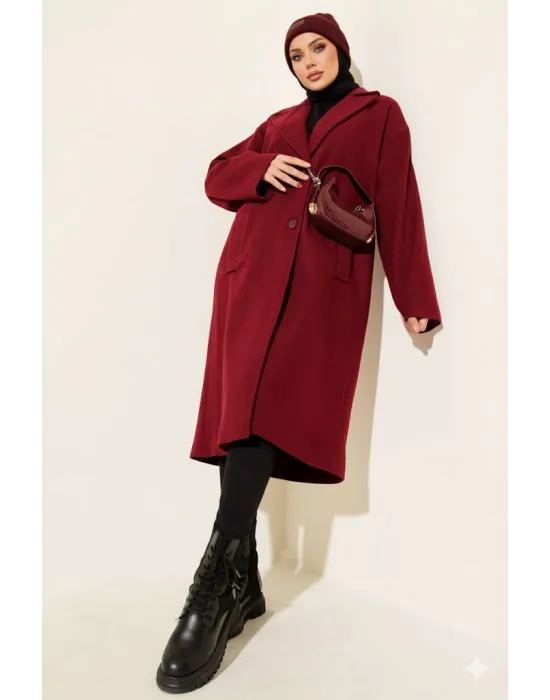Bordo Premium Kruvaze Yaka Oversize Uzun Kaşe Kaban