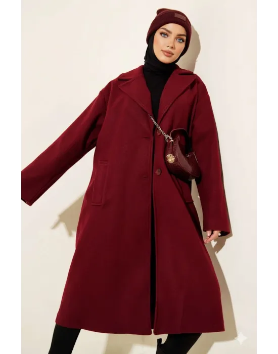 Bordo Premium Kruvaze Yaka Oversize Uzun Kaşe Kaban