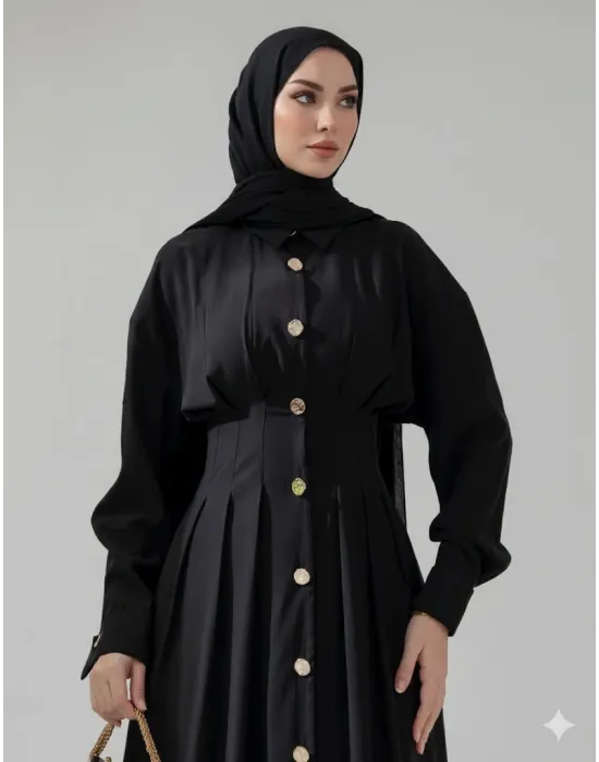 Düğme Detaylı Beli Büzgülü Tasarım Elbise