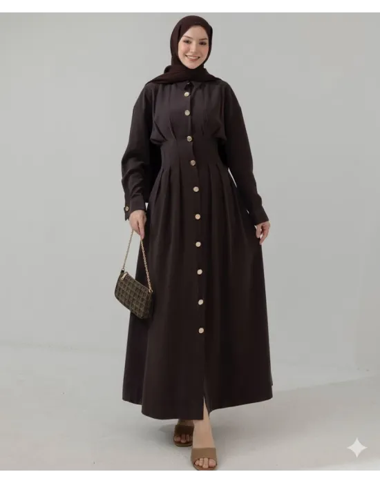 Düğme Detaylı Beli Büzgülü Tasarım Elbise