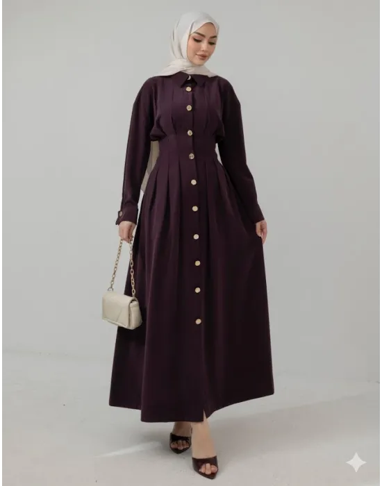 Düğme Detaylı Beli Büzgülü Tasarım Elbise