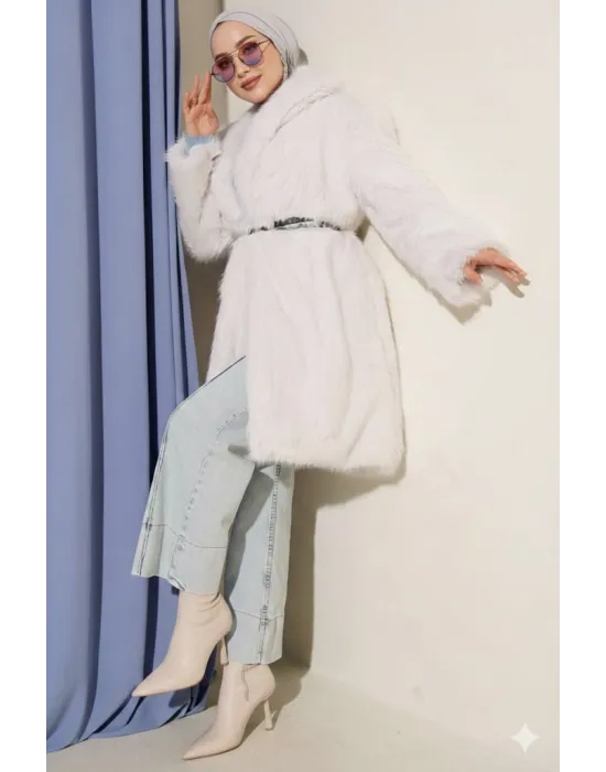 Ekru Lüks Kürk Detaylı Uzun Kaban
