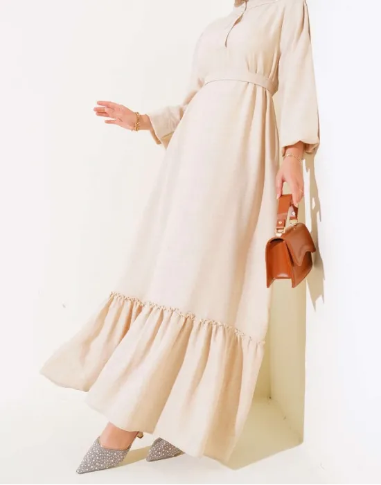 Fırfır Detaylı Yaka Düğmeli Elbise Bej