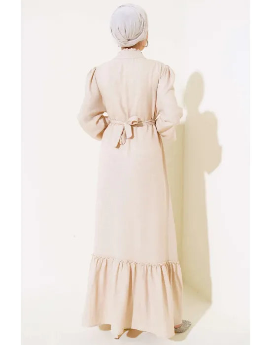 Fırfır Detaylı Yaka Düğmeli Elbise Bej