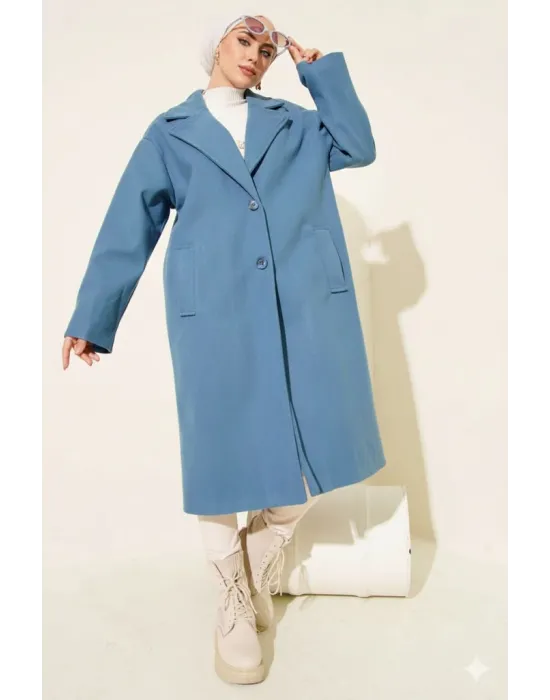 Gök Mavisi Premium Kruvaze Yaka Oversize Uzun Kaşe Kaban