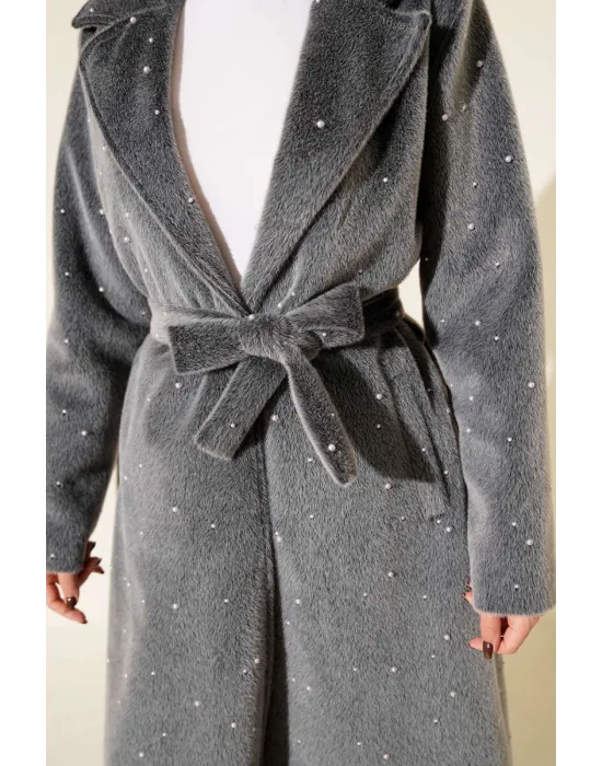 Gri İncili Kaşe Kaban Kuşaklı Anvelop Uzun Palto