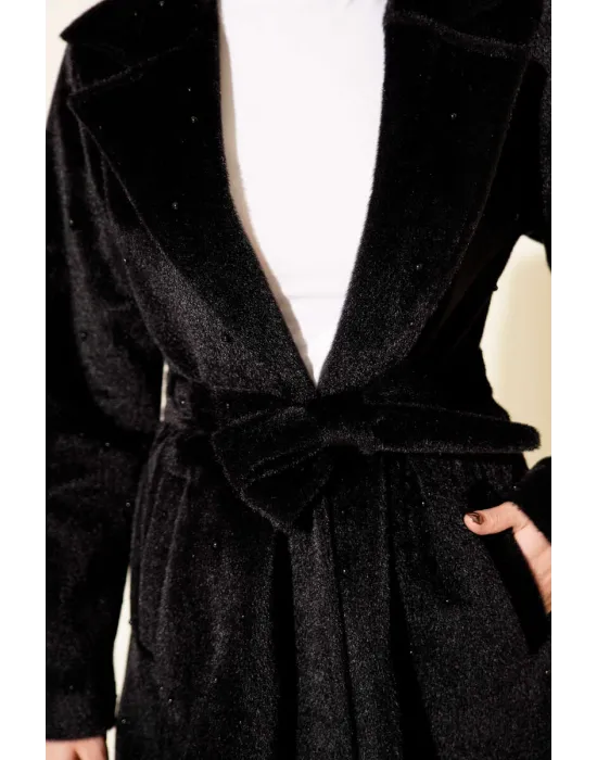 Siyah İncili Kaşe Kaban Kuşaklı Anvelop Uzun Palto