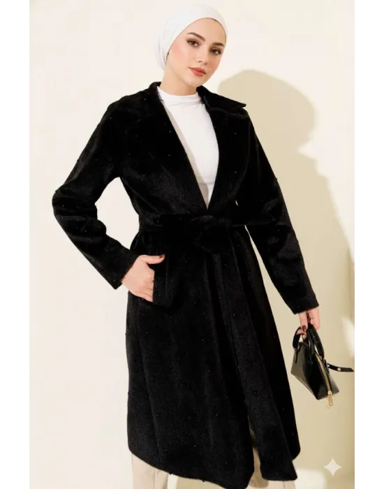 Siyah İncili Kaşe Kaban Kuşaklı Anvelop Uzun Palto
