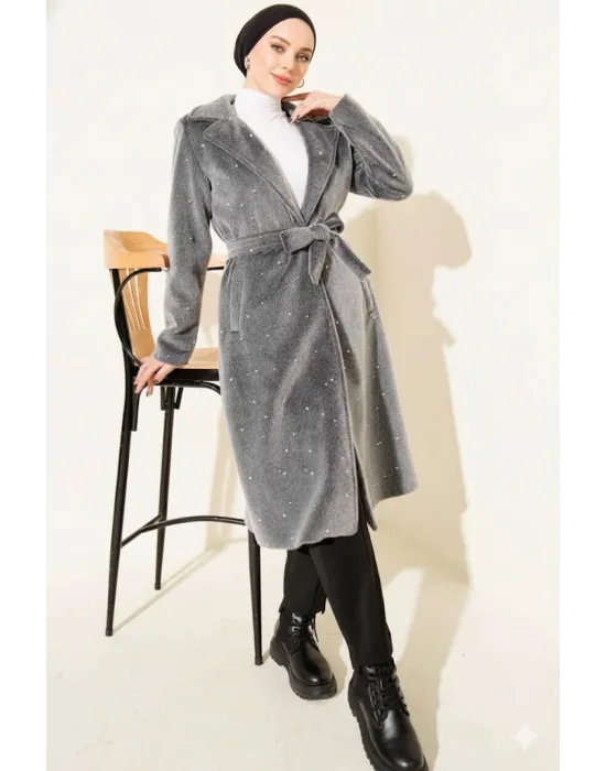 Gri İncili Kaşe Kaban Kuşaklı Anvelop Uzun Palto