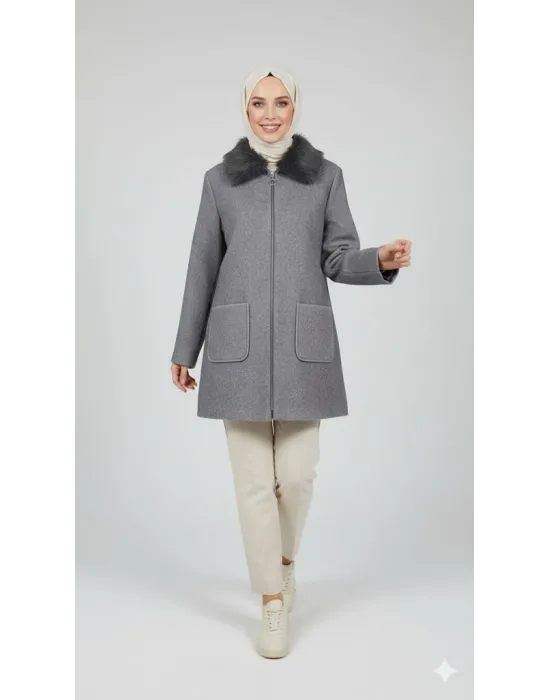Gri Kadın Kürk Yakalı Fermuarlı Kaşe Kaban