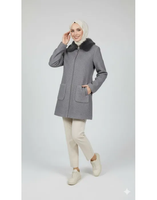 Gri Kadın Kürk Yakalı Fermuarlı Kaşe Kaban