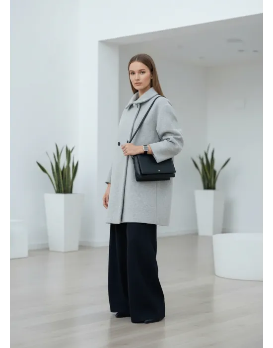 Gri Moskov Premium Kruvaze Yünlü Kaşe Kaban