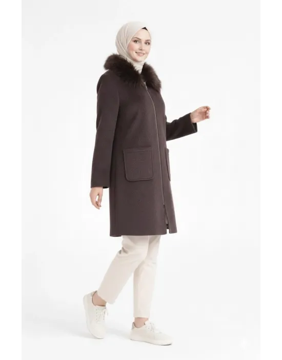 Kahve Kadın Kürk Yakalı Fermuarlı Kaşe Kaban