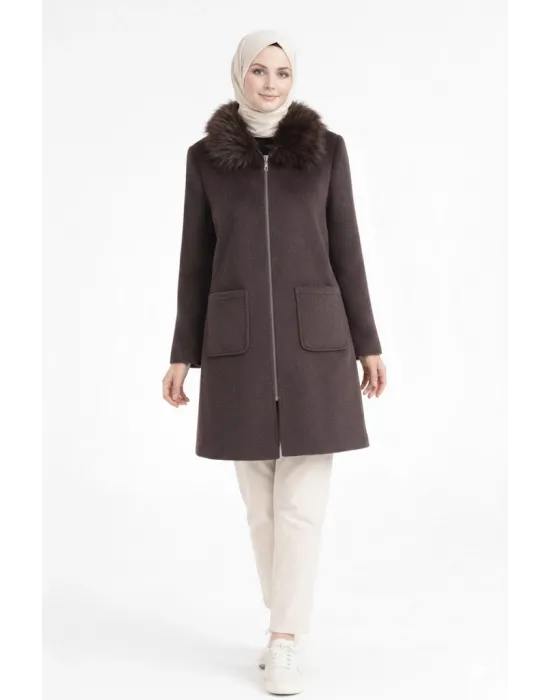 Kahve Kadın Kürk Yakalı Fermuarlı Kaşe Kaban