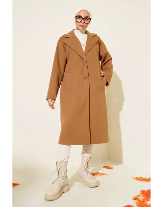 Kahve Premium Kruvaze Yaka Oversize Uzun Kaşe Kaban