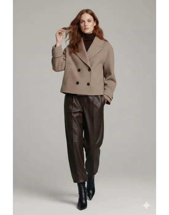 Kahve Rengi Kadın Premium Kaşe Crop Ceket