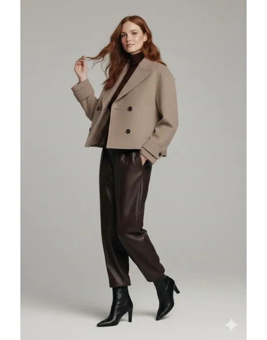 Kahve Rengi Kadın Premium Kaşe Crop Ceket