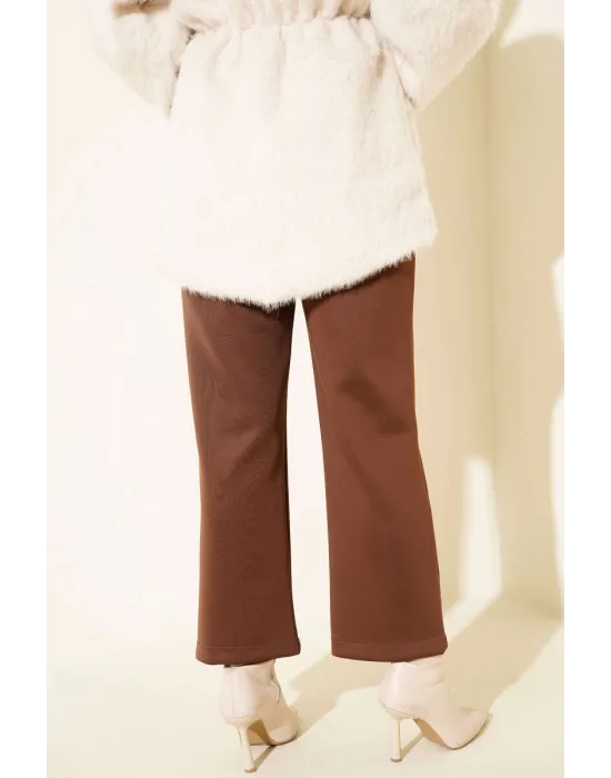 Kahverengi Çımalı Yüksek Bel Boru Paça Pantolon