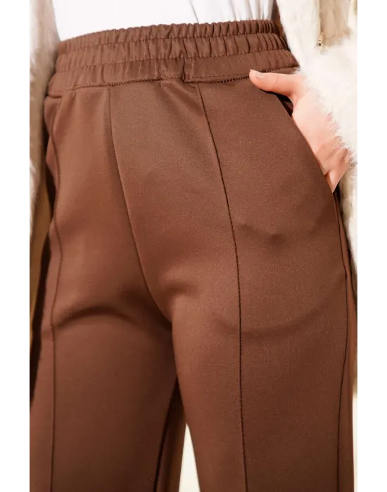 Kahverengi Çımalı Yüksek Bel Boru Paça Pantolon