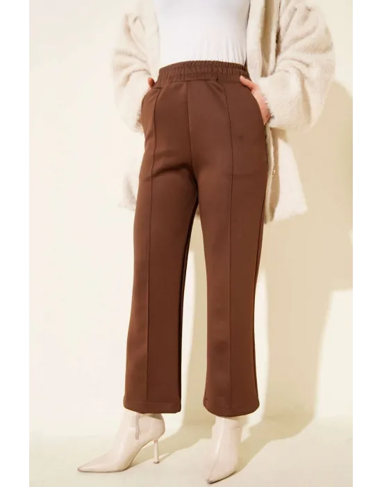 Kahverengi Çımalı Yüksek Bel Boru Paça Pantolon