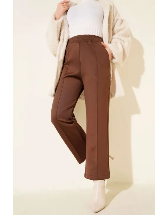 Kahverengi Çımalı Yüksek Bel Boru Paça Pantolon