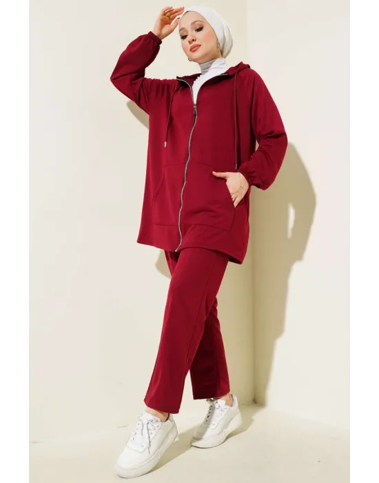 Kanguru Cepli Fermuarlı İkili Takım Bordo